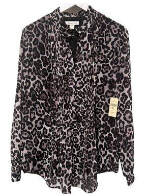 COLDWATER CREEK Leopard Print Blouse Size Large Chiffon Womens Tunic Top Black